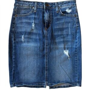 Just Black Denim Pencil Skirt Size Small Blue Distressed Stretch Made USA